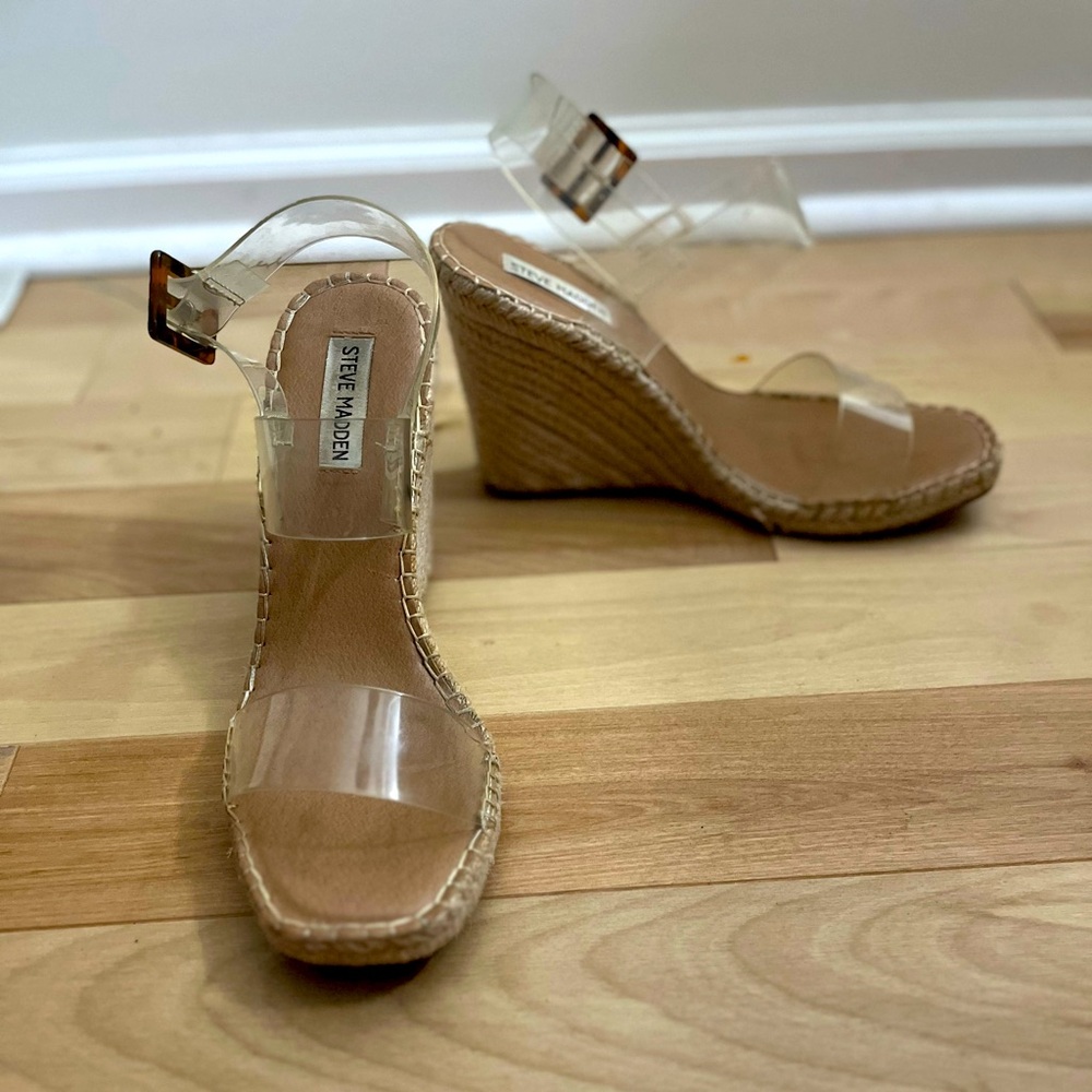 Steve Madden 9.5 clear strap wedge sandals